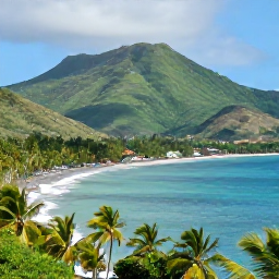 Caribbean Holidays, Grenada Culture Holidays, Tropical Grenada coastline in November with green hills, calm turquoise sea, palm trees and a small fishing village