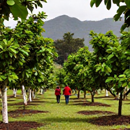 Caribbean Holidays, Grenada Culture Holidays, Visitors walking through a lush Grenadian spice plantation with nutmeg trees, tropical foliage and mountain scenery