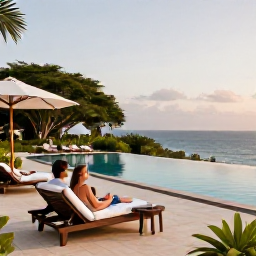 Caribbean Holidays, Grenada December Adults Only, A stylish adults-only Grenada resort terrace with an infinity pool, tropical gardens and a couple enjoying a peaceful evening