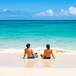 Caribbean Holidays, Grenada December Adults Only, An adults-only couple relaxing on a secluded Grenada beach with clear water, soft sand and gentle waves under a bright blue sky