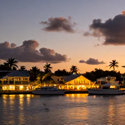Caribbean Holidays, Grenada December Breaks, Sunset over St George's harbour in Grenada, with warmly lit waterfront buildings, boats and tropical evening skies