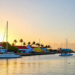 Caribbean Holidays, Grenada December Holidays, Colourful Caribbean harbour in Grenada at sunset with sailing boats, palm trees and warm December light