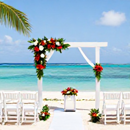 Caribbean Holidays, Grenada December Weddings, Elegant beach wedding ceremony in Grenada with white chairs, tropical flowers and turquoise sea