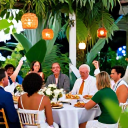 Caribbean Holidays, Grenada December Weddings, Happy wedding guests enjoying a relaxed outdoor reception in Grenada with tropical greenery, lanterns and island food