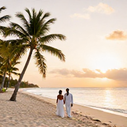 Caribbean Holidays, Grenada December Weddings, Newly married couple walking along a quiet Caribbean beach in Grenada at sunset, with palm trees and warm golden light