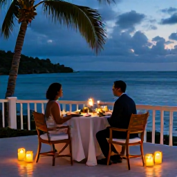 Caribbean Holidays, Grenada December Weddings, Romantic Grenada wedding dinner for two on a candlelit terrace overlooking the Caribbean Sea