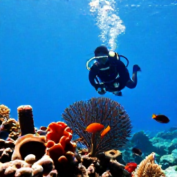 Caribbean Holidays, Grenada Diving August, Divers observing tropical fish, sea fans and sponges on a Grenada reef in calm blue water