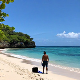 Caribbean Holidays, Grenada Diving August, Friendly Grenada dive guide preparing equipment beside a tropical beach and calm Caribbean sea