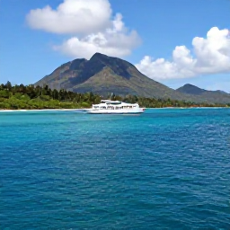 Caribbean Holidays, Grenada Diving August, Glass-bottom dive boat travelling along Grenada&rsquo;s sunny west coast with mountains and turquoise sea