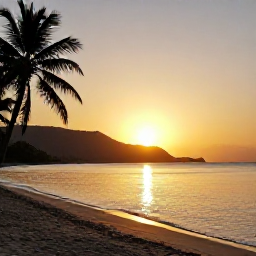 Caribbean Holidays, Grenada Diving August, Golden sunset over Grand Anse Beach in Grenada with calm sea, palm trees and distant hills