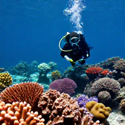 Caribbean Holidays, Grenada Diving August, Scuba diver exploring a colourful coral reef in clear tropical water off Grenada