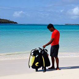 Caribbean Holidays, Grenada Diving February, A friendly Grenadian dive guide preparing scuba equipment beside a tropical bay in bright February sunshine