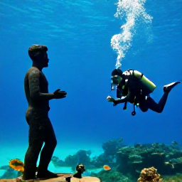 Caribbean Holidays, Grenada Diving February, A scuba diver viewing the underwater sculpture park near St George's, Grenada, with statues and tropical fish