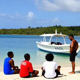 Caribbean Holidays, Grenada Diving February, Friendly Grenadian dive guide briefing visitors beside a boat in a calm bay near St George&rsquo;s