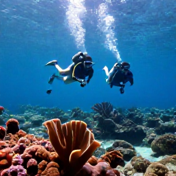 Caribbean Holidays, Grenada Diving January, Divers swimming above a healthy Caribbean reef near Grenada, with sponges, sea fans and tropical fish visible in clear water