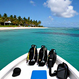 Caribbean Holidays, Grenada Diving January, Friendly dive boat returning to a sunny Grenada bay, with scuba equipment and palm-fringed coastline in the background