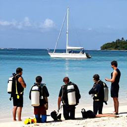 Caribbean Holidays, Grenada Diving January, Friendly dive guide briefing a small group of scuba divers beside a boat in a quiet Grenada bay