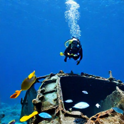 Caribbean Holidays, Grenada Diving January, Scuba diver approaching the Bianca C wreck near Grenada, surrounded by blue water and schools of tropical fish