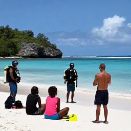 Caribbean Holidays, Grenada Diving July, Friendly scuba diving instructor briefing holidaymakers beside a tropical beach in Grenada