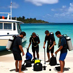 Caribbean Holidays, Grenada Diving June, Friendly scuba diving group preparing equipment beside a boat on Grenada&rsquo;s tropical coast