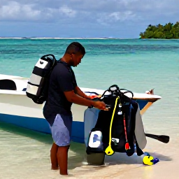 Caribbean Holidays, Grenada Diving March, Friendly Grenada dive guide preparing scuba equipment beside a small boat in a calm Caribbean bay
