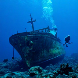 Caribbean Holidays, Grenada Diving March, Large cargo shipwreck resting on the seabed near Grenada, surrounded by reef fish and scuba divers