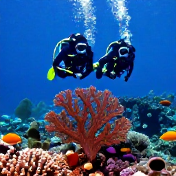Caribbean Holidays, Grenada Diving March, Scuba divers swimming above bright coral gardens with tropical fish and sea fans in Grenada