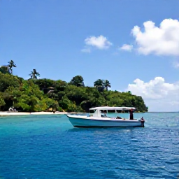 Caribbean Holidays, Grenada Diving May, Small dive boat on calm blue water approaching Grenada&rsquo;s green coastline in May sunshine