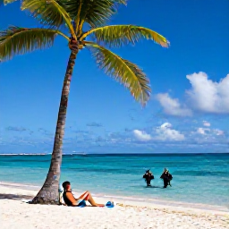 Caribbean Holidays, Grenada Diving May, Traveller relaxing beside a palm-lined Grenada beach after a morning scuba dive