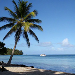 Caribbean Holidays, Grenada Diving October, Grenada coastline with palm trees, calm blue sea and a small dive boat returning to shore after a morning dive