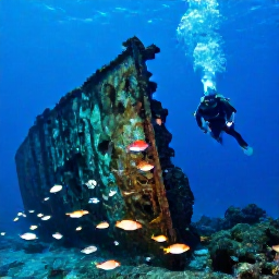 Caribbean Holidays, Grenada Diving September, A diver exploring the Bianca C wreck off Grenada, surrounded by schools of tropical fish and dramatic underwater visibility