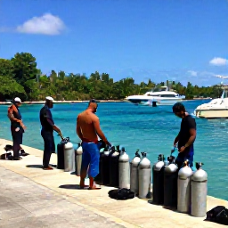 Caribbean Holidays, Grenada Diving September, A friendly Grenada dive centre preparing tanks and equipment beside a tropical harbour, with divers getting ready for a boat trip