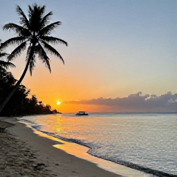 Caribbean Holidays, Grenada Diving September, A peaceful Grenada beach at sunset with calm Caribbean water, palm trees and a small dive boat in the distance