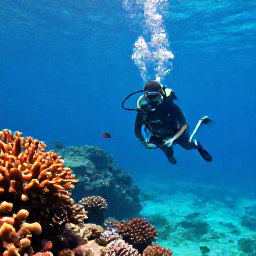 Caribbean Holidays, Grenada Diving September, A scuba diver descending through clear turquoise water beside colourful coral reefs in Grenada, with soft tropical sunlight and small reef fish