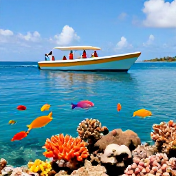 Caribbean Holidays, Grenada Family Holidays, A colourful family boat trip in the calm waters off Grenada, with snorkellers viewing tropical fish above a bright coral reef