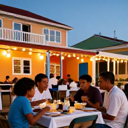 Caribbean Holidays, Grenada Family Holidays, A family eating a relaxed evening meal at a friendly outdoor restaurant in St George's, Grenada, with colourful buildings and warm lights