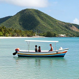 Caribbean Holidays, Grenada Family Holidays, A family enjoying a calm boat trip from Grenada along the coastline, with turquoise sea, green hills and a colourful vessel