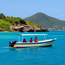 Caribbean Holidays, Grenada Family Holidays, A family enjoying a colourful boat trip along the coast of Grenada, with clear blue water and green hills