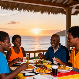 Caribbean Holidays, Grenada Family Holidays, A family enjoying a colourful evening meal at a relaxed Grenadian restaurant, with local dishes and sunset light