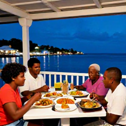Caribbean Holidays, Grenada Family Holidays, A family enjoying a colourful local meal at an outdoor restaurant in St George's, Grenada, with harbour views and evening light