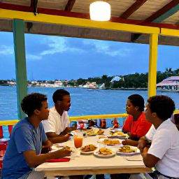 Caribbean Holidays, Grenada Family Holidays, A family enjoying a relaxed evening meal at a colourful restaurant in St George's, Grenada, with harbour views and local dishes