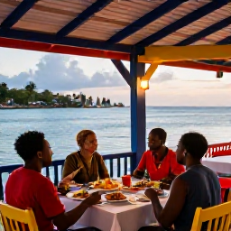 Caribbean Holidays, Grenada Family Holidays, A family enjoying a relaxed evening meal at a colourful waterfront restaurant in Grenada, with local dishes and sunset light