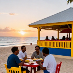Caribbean Holidays, Grenada Family Holidays, A family enjoying a relaxed outdoor meal at a colourful Grenadian restaurant near the beach at sunset