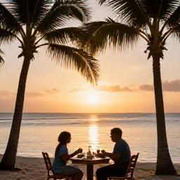 Caribbean Holidays, Grenada Family Holidays, A family enjoying a sunset meal beside a calm beach in Grenada, with palm trees, warm evening light and a relaxed Caribbean holiday atmosphere