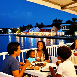 Caribbean Holidays, Grenada Family Holidays, A family enjoying an evening meal at an outdoor restaurant in St George&rsquo;s, Grenada, with harbour lights and colourful buildings behind them