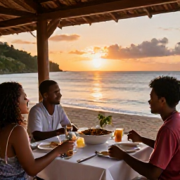 Caribbean Holidays, Grenada Family Holidays, A family enjoying dinner at a relaxed seaside restaurant in Grenada at sunset, with local dishes on the table