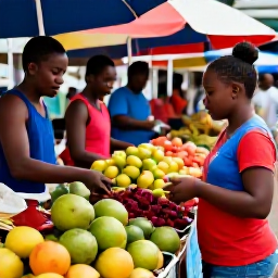 Caribbean Holidays, Grenada Family Holidays, A family exploring a colourful market in St George's, Grenada, with fresh fruit, spices and welcoming local sellers