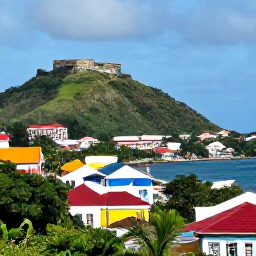 Caribbean Holidays, Grenada Family Holidays, A family exploring colourful St George's in Grenada, with hillside buildings, the harbour and historic Fort George visible
