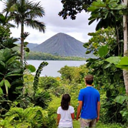 Caribbean Holidays, Grenada Family Holidays, A family exploring Grand Etang National Park in Grenada, lush rainforest, a volcanic lake and a friendly Mona monkey in the background