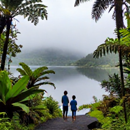 Caribbean Holidays, Grenada Family Holidays, A family exploring Grand Etang National Park in Grenada, surrounded by lush rainforest, ferns and a misty volcanic lake